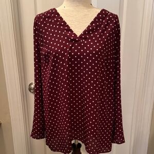 Motherhood Maternity Burgundy / White Polka Dot Roll Sleeve Lightweight Blouse